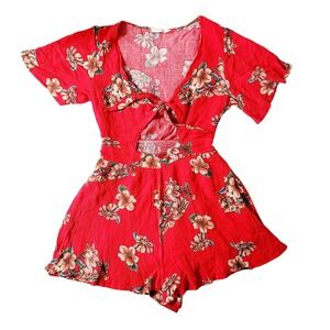 Illa Illa Floral Romper‎ Tie Front Cutout Red Tropical Beach Summer Small Shorts